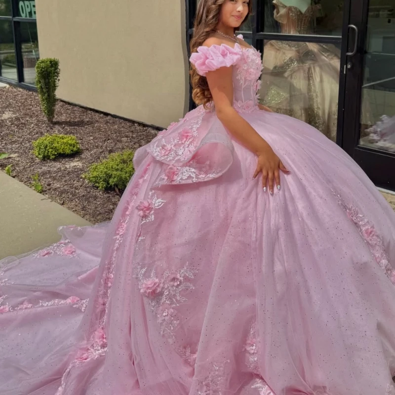Pink Glitter Quinceanera Dresses Off Shoulder Ball Gown Sweet 16 Dress Applique Flower Beads Tull Corset Party Birthday Vestidos