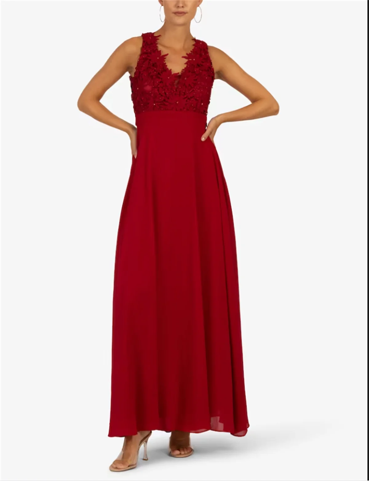 Red Elegant Crew Neck Mother's Dress A-Line Lace Tulle Sleeveless Appliqué Prom Dress to the Ground Tailored vestidos de noche