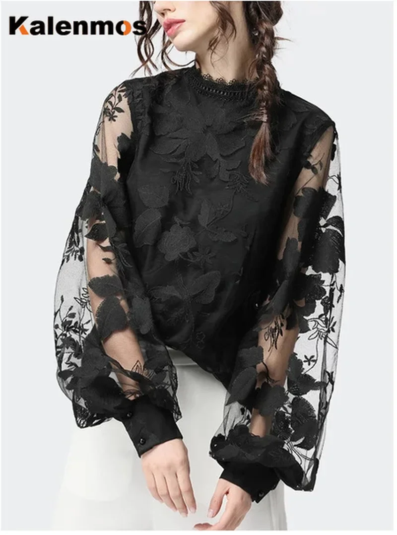 Bluzki damskie wiosna koronkowy patchwork długi bufiasty rękaw eleganckie koszule imprezowe Streetwear Feminino seksowne topy Blusas Mujer Francais