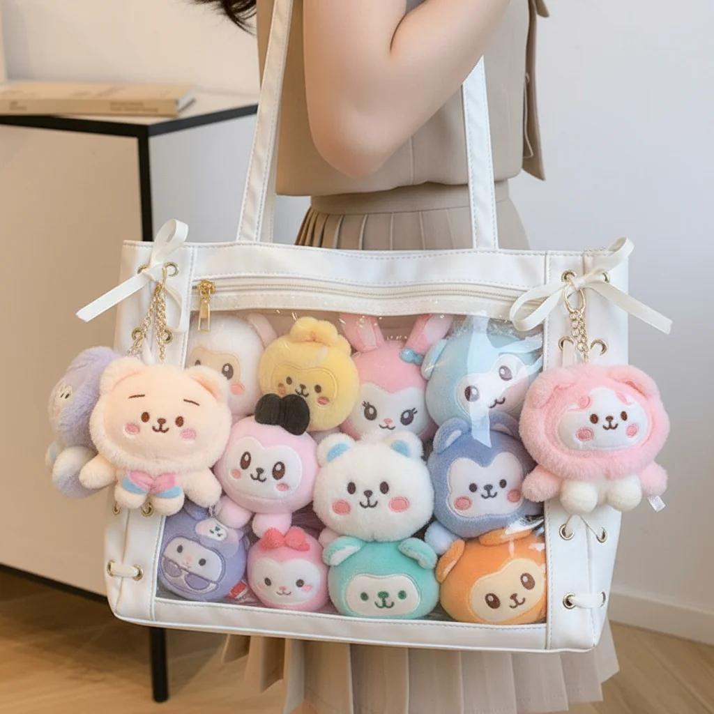 

Single Badge Itabag Cross Ribbon Lace up PU Shoulder Bag Transparent Pocket Badge Display Pouch Bag Idol Merchandise Storage