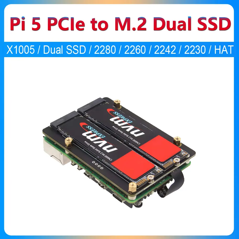 Raspberry Pi 5 PCIe to M.2 NVMe Expansion Board Dual SSD HAT X1005  Pi5 Double 2230/2242/2260/2280 Suporta inicializacao NVMe