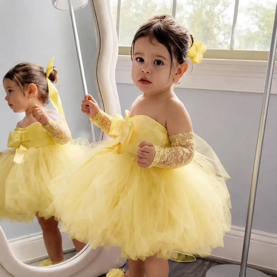 Princess Yellow Flower Girl Dress For Wedding Off Shoulder Knee Lenght Kids Birthday First Communion Gowns Evening Dress Custom