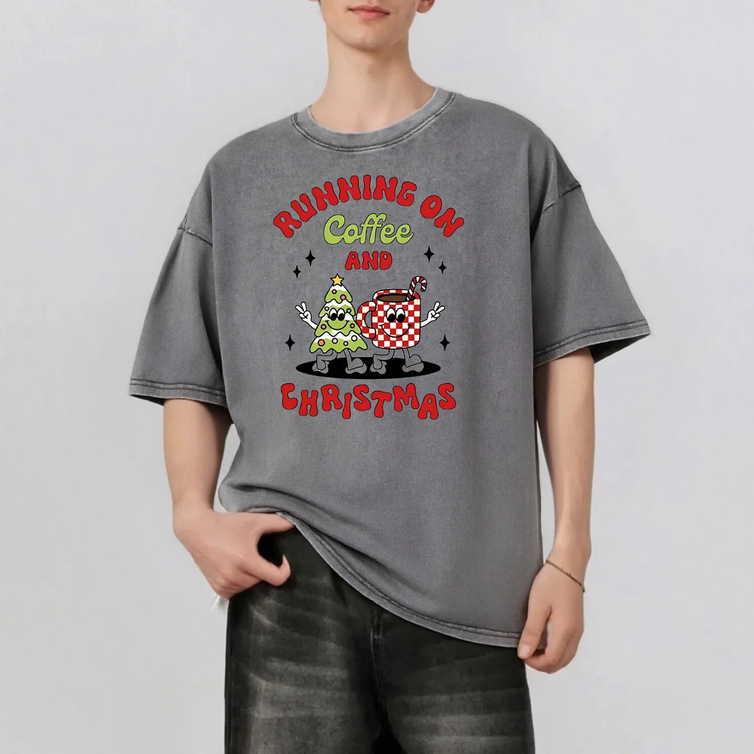 

Running On Caffee Graphic Printing Men's Summer Retro Style Washed Water T-Shirt Casual Short Sleeved Basic Men's Top 230G