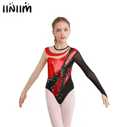 Kids Girls Shiny Gymnastic Leotard Ballet Jersey Biketard Bodysuit Mesh Long Sleeve Metallic Artistic Figure Skating Jumpsuit