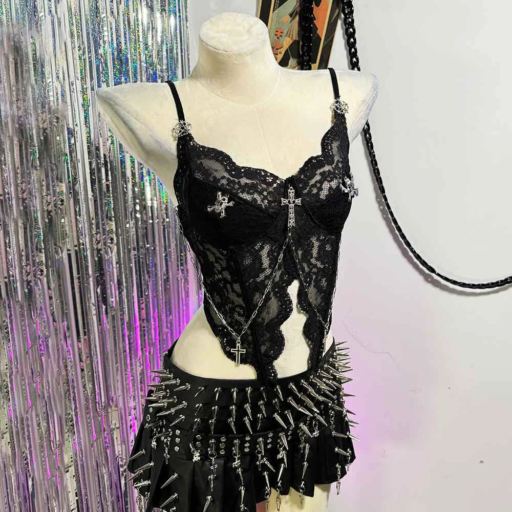 الصليب القوطية E-الفتيات الرقمية DIY الجرونج في سن المراهقة دبوس Harajuku الشرير الصخرة سايبر ملابس للنادي الجمجمة Kawaii ايكو القوطي Y2K القمم ايمو يدوية الصنع