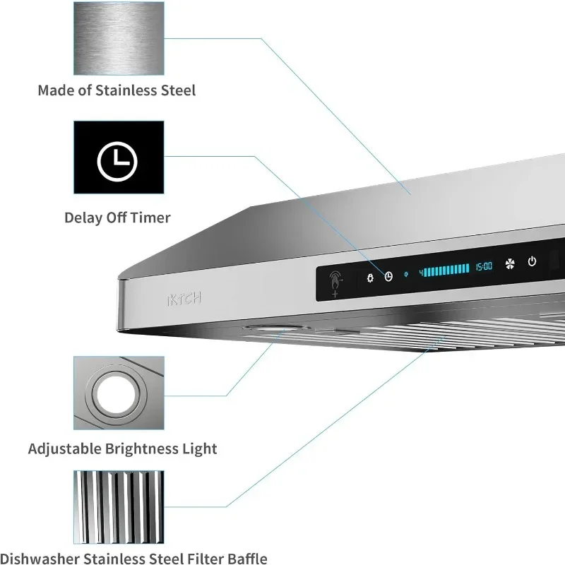 Sob o armário de aço inoxidável cozinha ventilação, sob o armário Gama Hood, 4 Speed Gesture Sensing e Touch Control Panel, 900 CFM, 30"