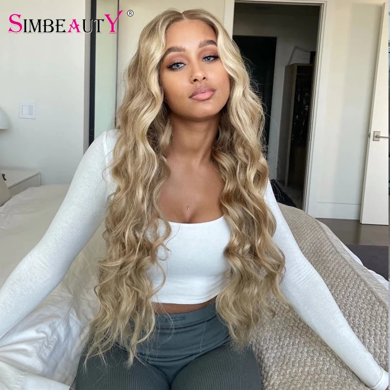 Indian 100% Human Hair Light Ash Blonde With Face Framing Highlight Natural Body Wave 13x6 Transparent Lace Front Wigs Real Look