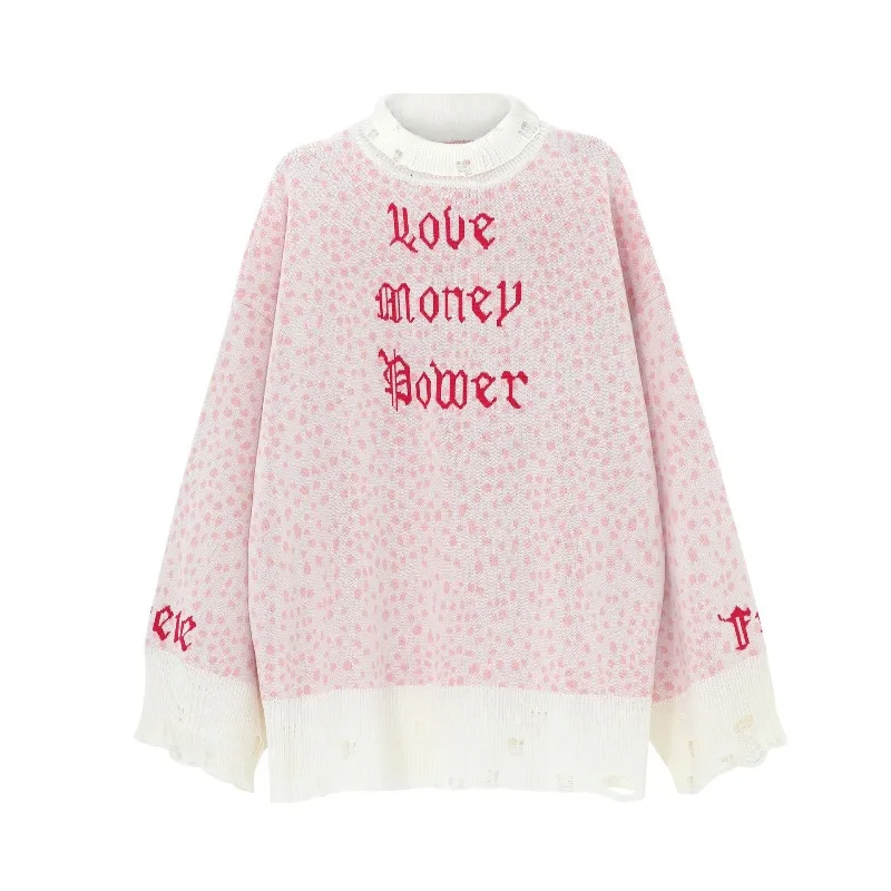 

European and American Style Women's Long Sleeves Autumn Winter Hollow Sweater Cotton Women's Casual Loose Crew Neck Printed Top