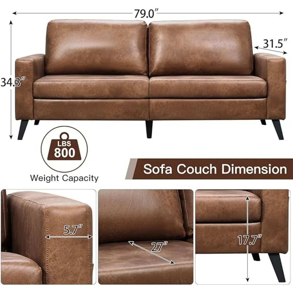 79 Inch Sofa Couch for Living Room, Small Couches, Faux Leather Loveseat, Mid Century Modern Sofas, Brown Comfy Love