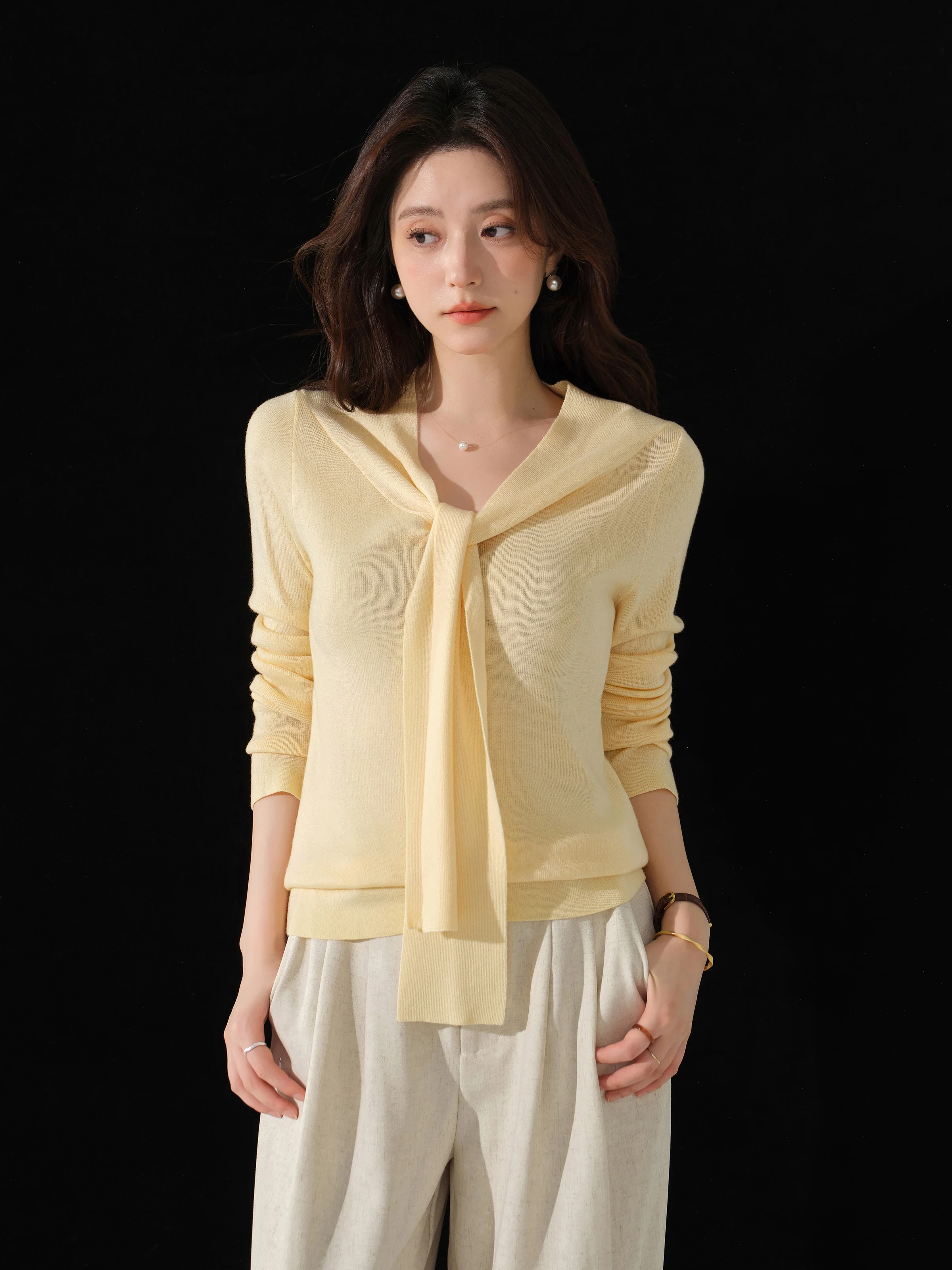 Элегантный вязаный топ для женщин, осенний пуловер с v-образным вырезом и галстуком, свитер с длинными рукавами, шикарный повседневный наряд, модная одежда из внутреннего слоя