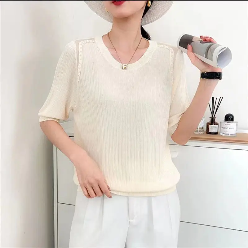 New Spring and Summer Women\'s Solid O-Neck Half Sleeve Loose Plus Size Pullovers Embroiled Flares Hollow Out Fashion Tops