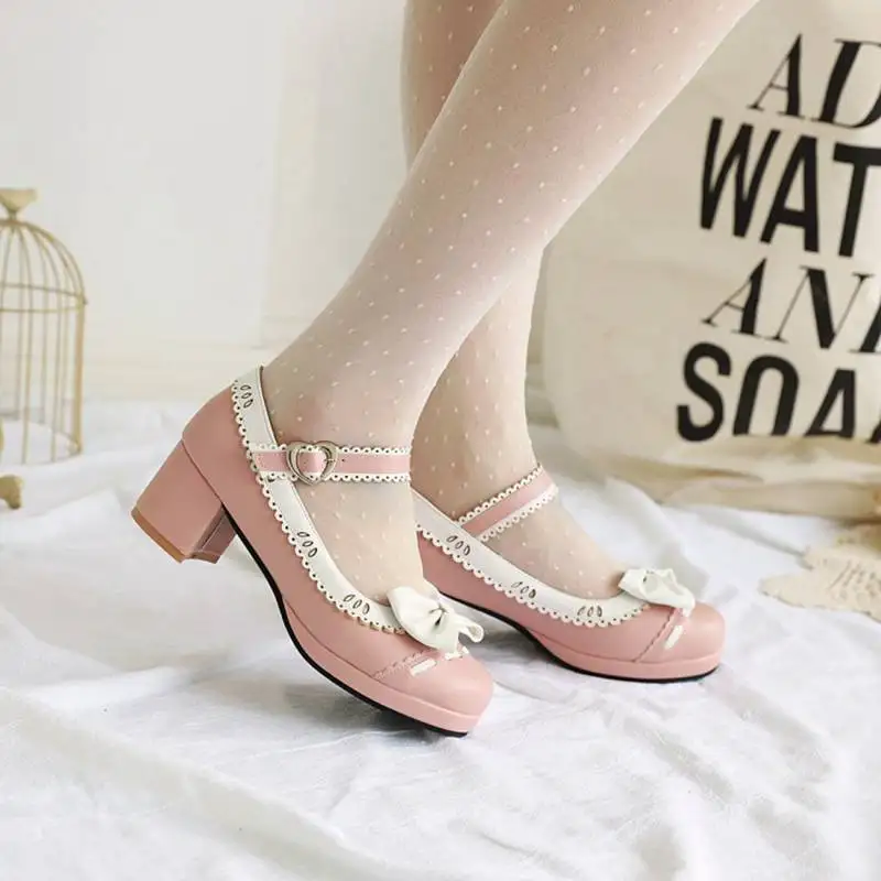 ASILETO Spring Autumn knot pumps Shoes woman Med heels Round toe Bowtie Big size 33-43 sweet ruffle Lolita princess girl shoes