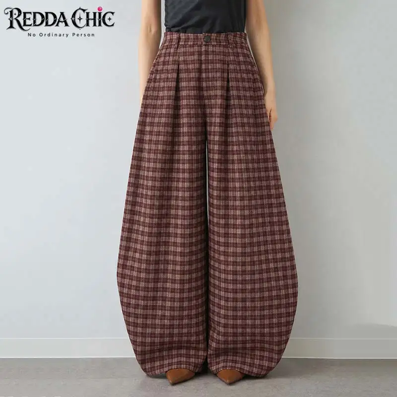 REDDACHiC Tartan Plaid Women Palazzo Pants School Oversized High Rise Loose Wide Leg Carrot Fit Lounge Pants Retro Everyday Wear