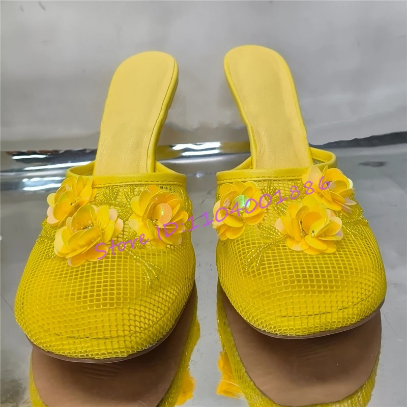 Novelty Mesh Sequin Wedges Slippers Women Chinese Beadwork Floral Decor Strange Heel Sandals Summer New Round Toe High Heels