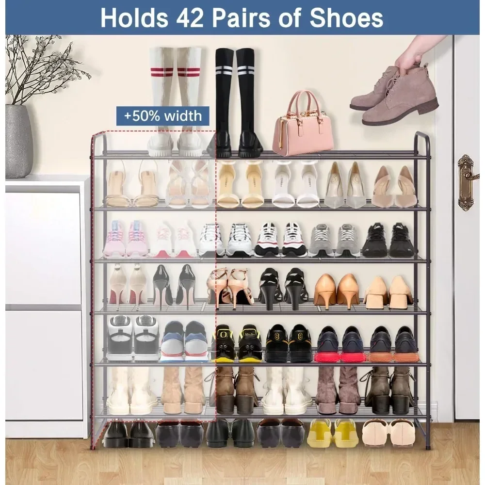 Long 6 Tier Shoe Rack Organizer Tall Metal Shoe Organizer for Entryway Bedroom Floor Garage, Wide Shoe Shelf Storage Fits