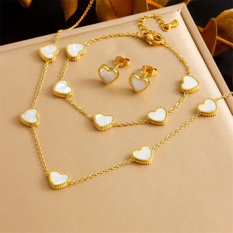 

18K Gold Plated Heart Shell Jewelry Set, Necklace Bracelet & Earrings with White Shell Inlay, Stainless Steel Statement Jewelry