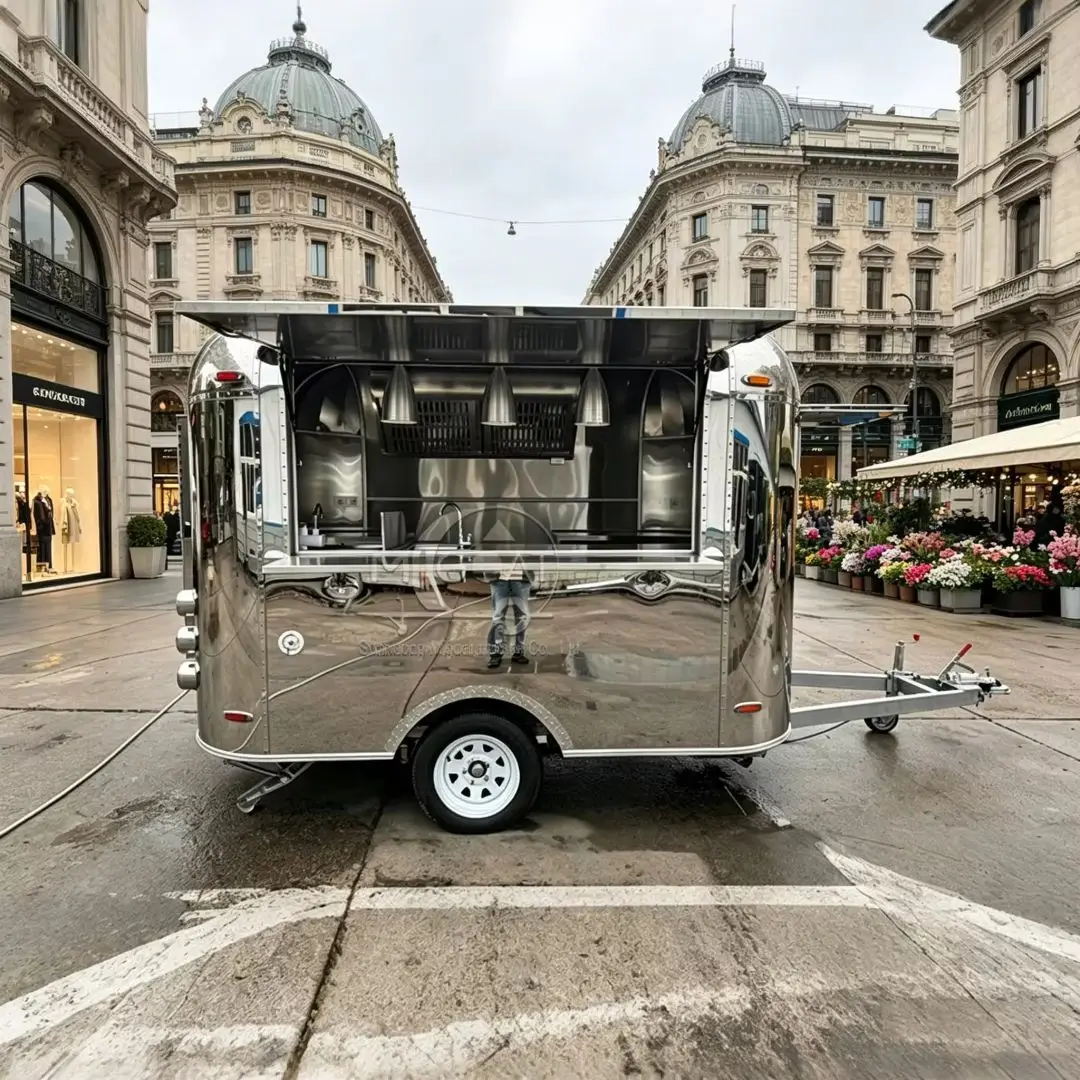 Mirror Stainless Steel Mobile Food Trailer Fully Equipped Commercial Food Truck For Outdoor Street Vending