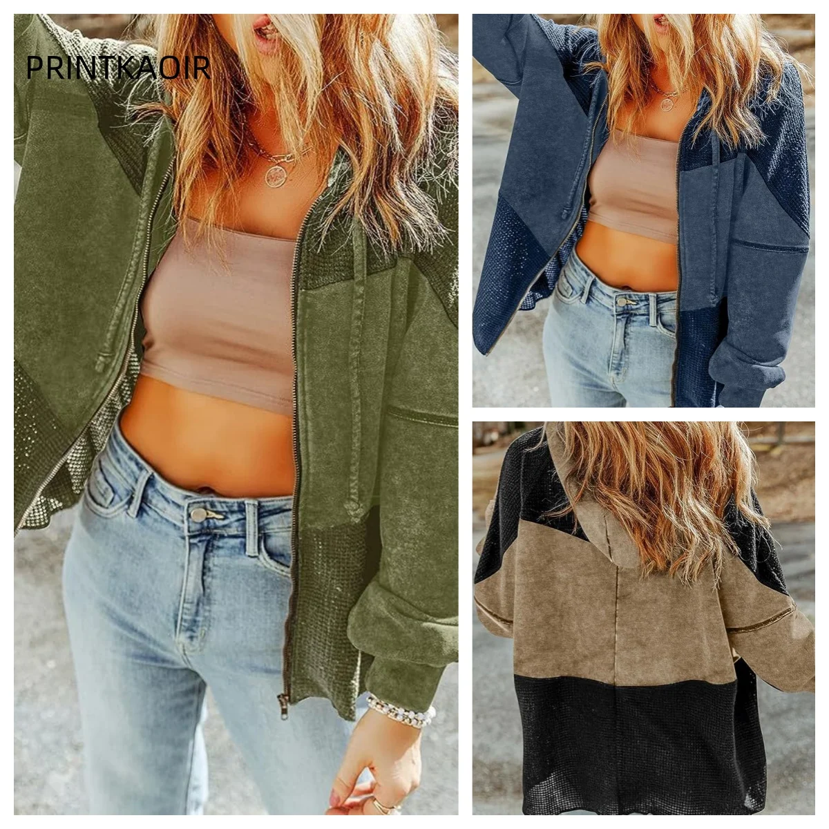 

European And American Personality Color Matching Hooded Jacket Woman Autumn Vintage Drawstring Long-sleeved blouse Woman