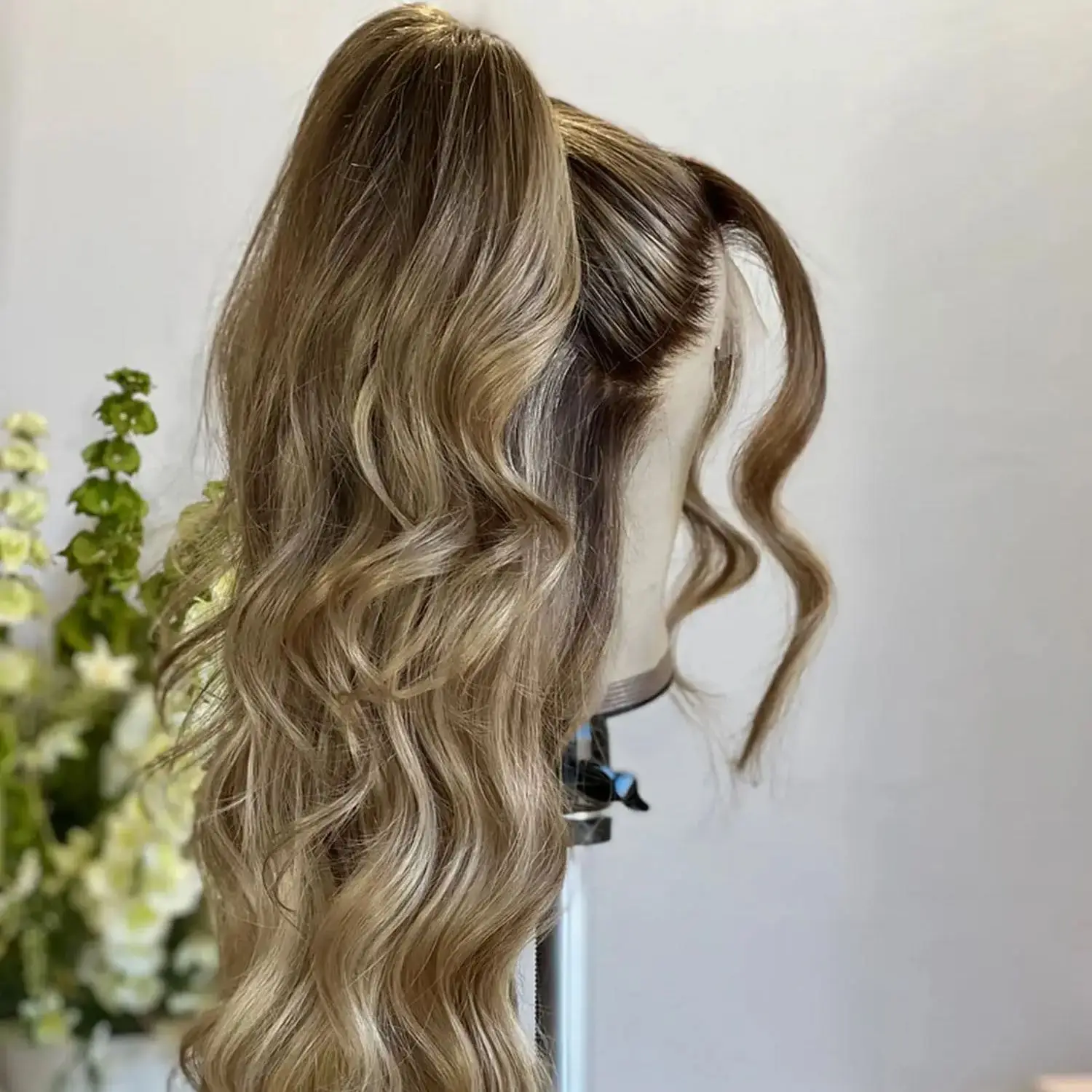 Realistic Ombre Caramel Brown Highlight Synthetic Lace Frontal Wigs With Dark Roots Long Length Body Wave High Temperature Silk