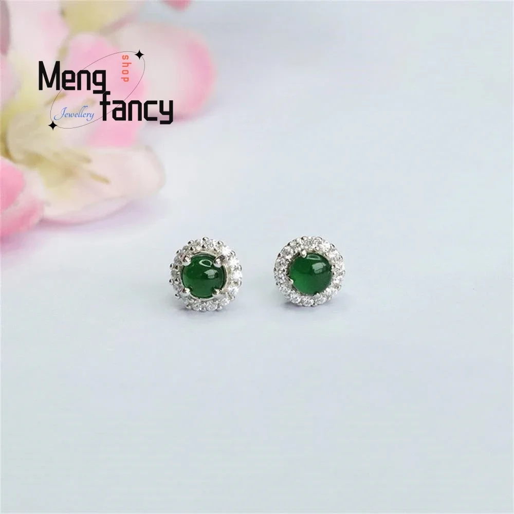 S925 Silver Natural Jadeite In Ice Type Imperial Green Earrings Exquisite Elegant Simple High-grade Luxury Quality Fine Jewelry