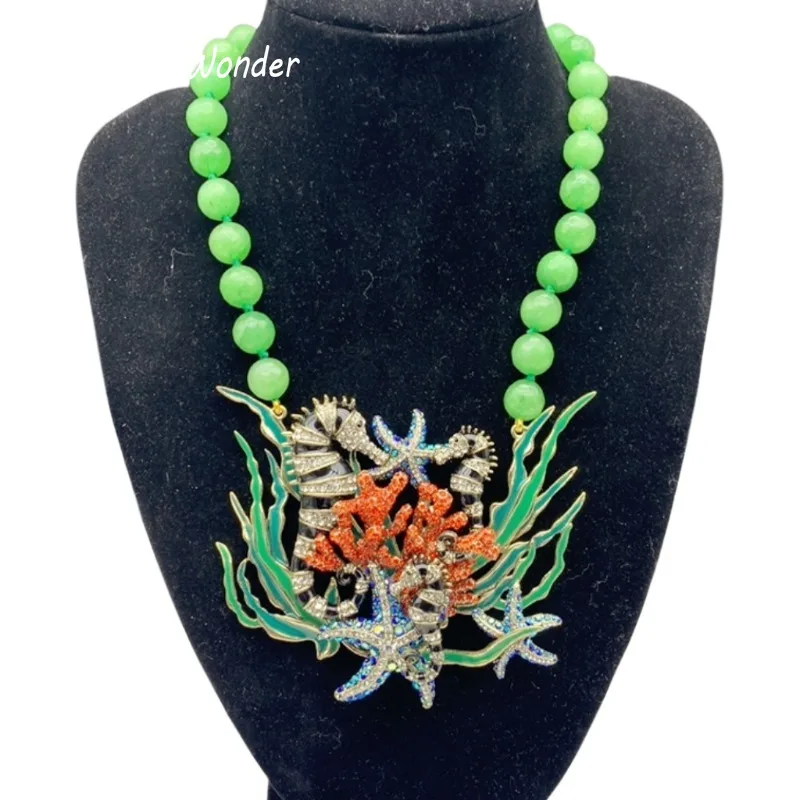 Timeless Wonder Enamel Coral Seahorse Star Fish Statement Necklace for Women Designer Jewelry Luxury Brand Runway Top Rare 4222