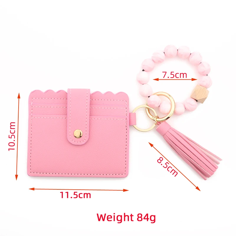 Silicone Bead Bracelet Solid Leather Card Bag Wristlet Keychain Silicone Beaded Bracelet Leather Tassel Wallet Bangle