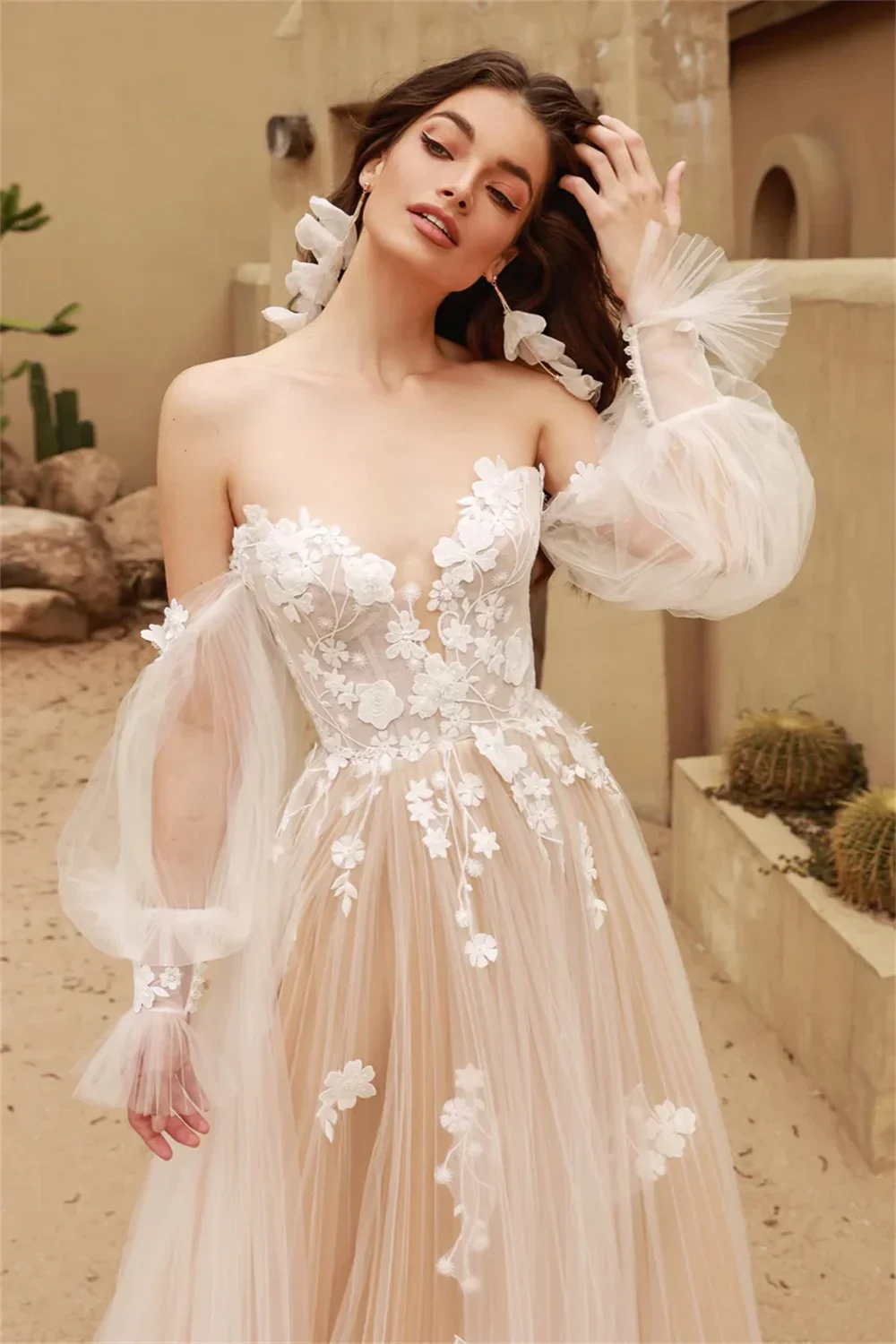 

Customized Light Champange Detachable Long Puff Sleeves V-neck Lace Applique Boho Beach A Line Wedding Dresses Vestido De Novia