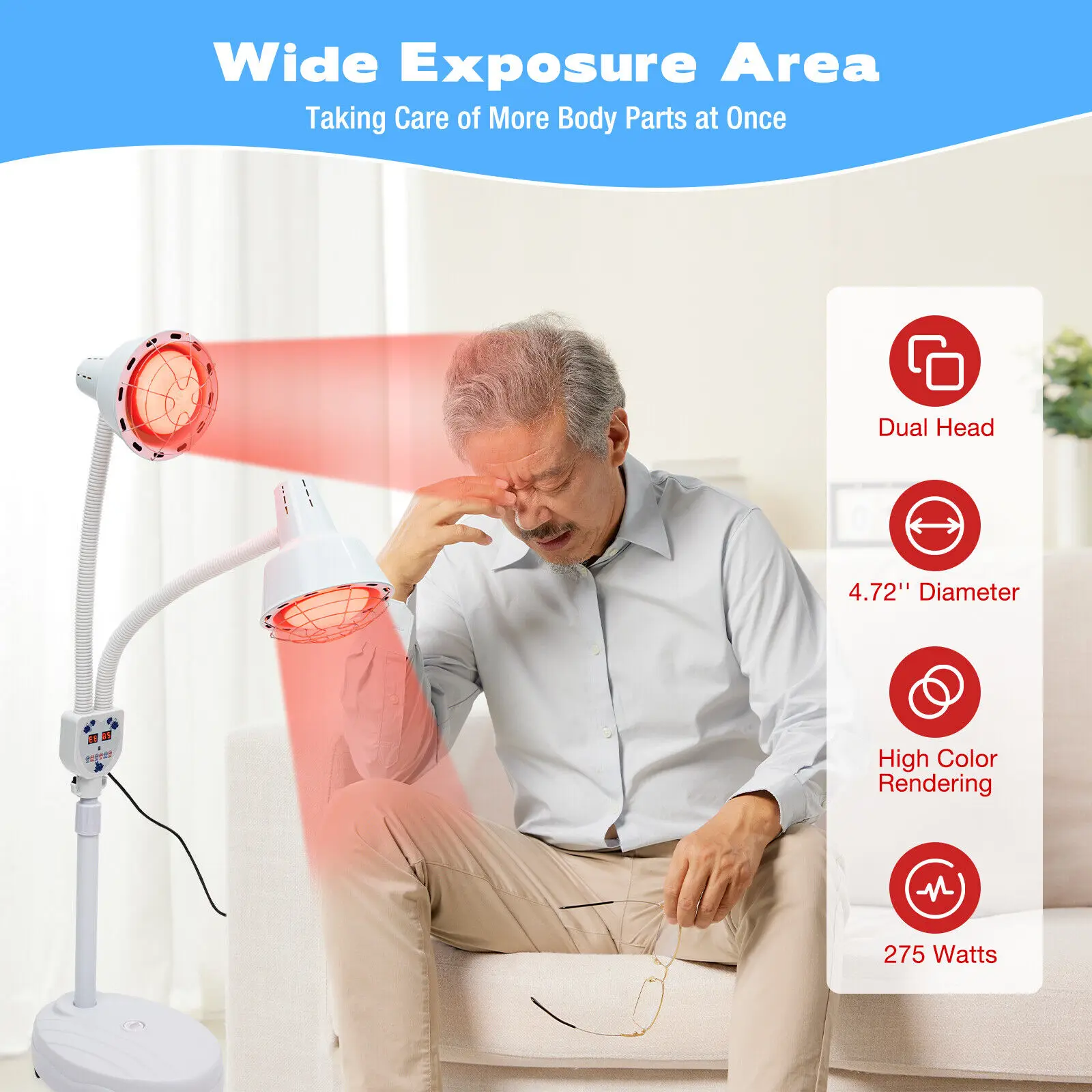Lampe Thermique Infrarouge à Double Tête pour Thérapie, Appareil de Physiothérapie, Tuyau Réglable à 275 °, avec 6 Rouleaux, 220 W, 360 V