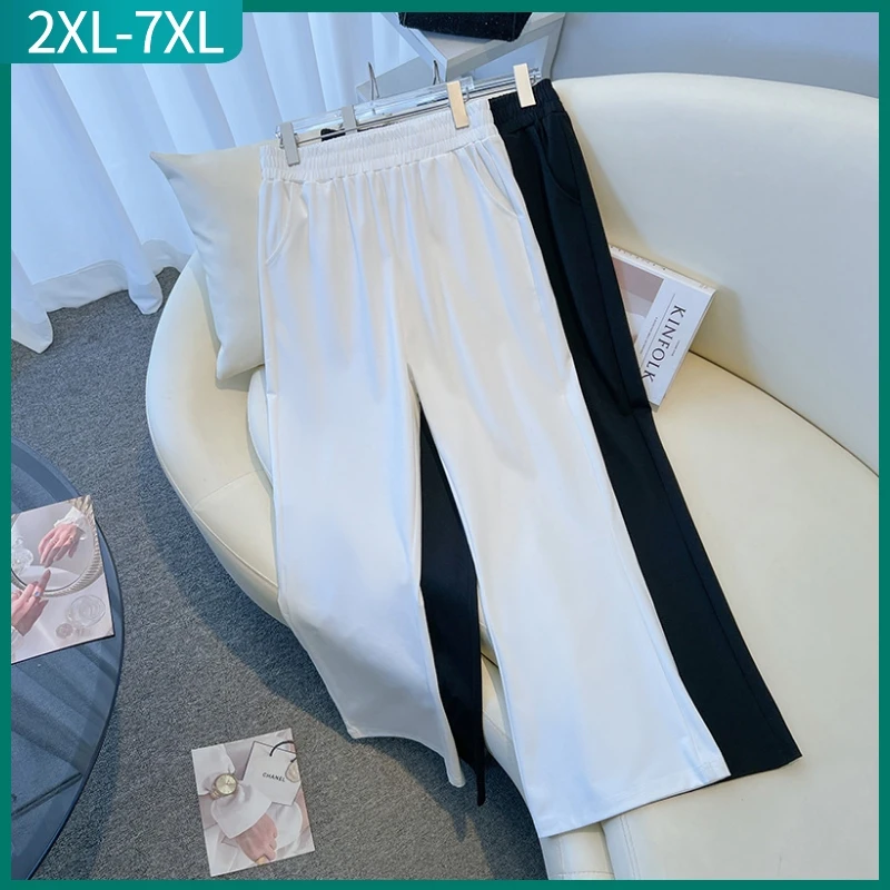 

New 2023 Summer Plus Size Long Pants For Women Large Loose Casual Black White Flared Trousers 3XL 4XL 5XL 6XL 7XL