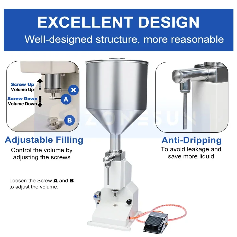 ZONESUN Paste Filling Machine ZS-A02 Pneumatic Honey Tomato Sauce Adjustable Bottle Jar Filler Stainless Steel