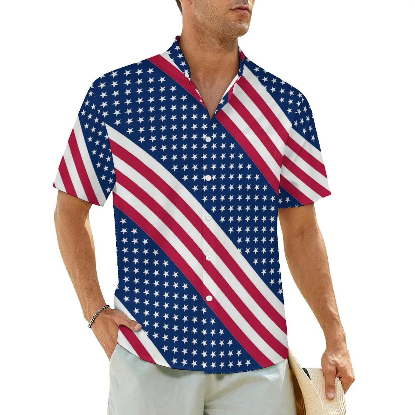 

American Flag Stylish Vacation Shirt Stars And Stripes Summer Casual Shirts Man Cool Blouses Short Sleeve Harajuku Clothing