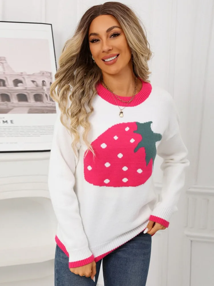 

2025 Autumn Women O-Neck Ruffles Sweater Long Sleeve Knitted Bottoming Strawberry Pullovers Stripe Women Casual Sweater Winter