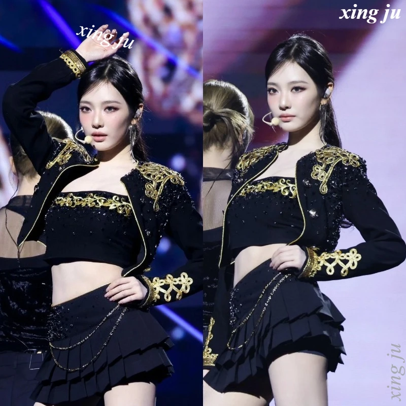 Xing Ju Kpop Zanger Jazzdans Kostuum Sexy Korte Jas Strak Vest Plooirok Koreaanse Vrouwen Nachtclub DJ Stage Performance Wear