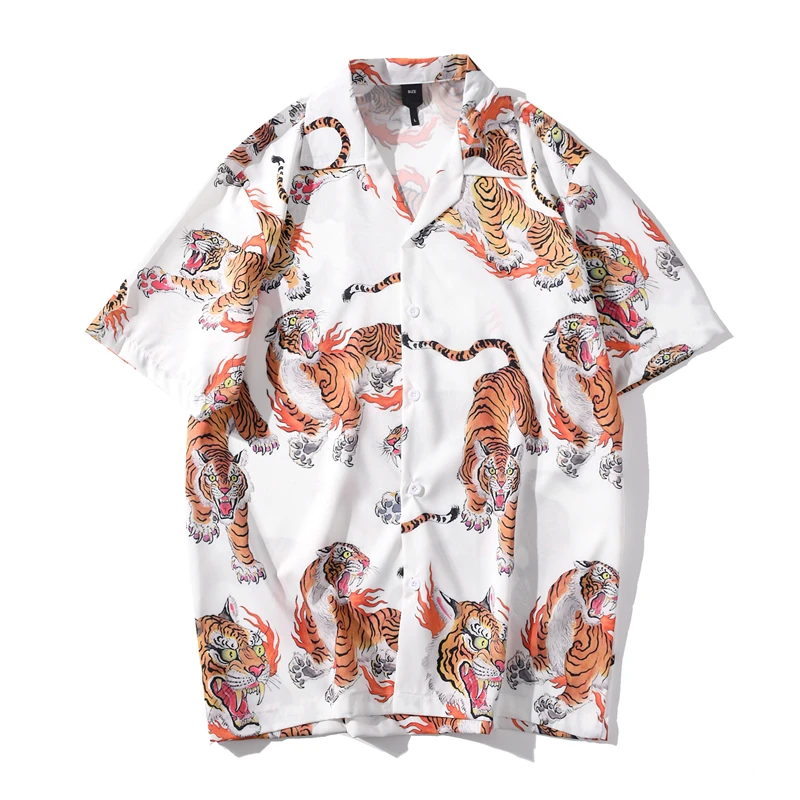 Dark Icon Tiger Full Print Vintage Street Mens Shirt Button Down Collar Holiday Beach H