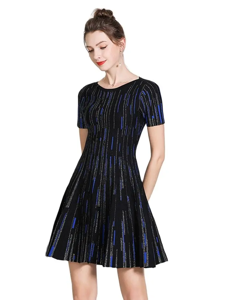 Micosoni Italian Style High Women\'s Digital Vertical Stripes Sweater Dress Bright Silk Short Sleeve Slim A-line Knit Blue S-XL