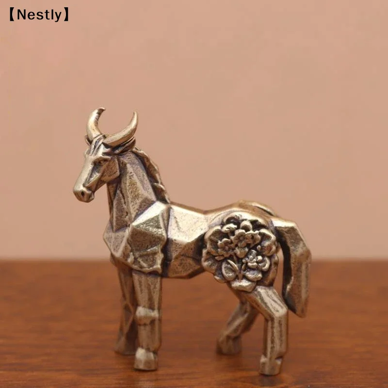 Mini Brass Geometric Horse Figurine Exquisite Flower Carving For Home Office Decor Art Collection〔Nest〕