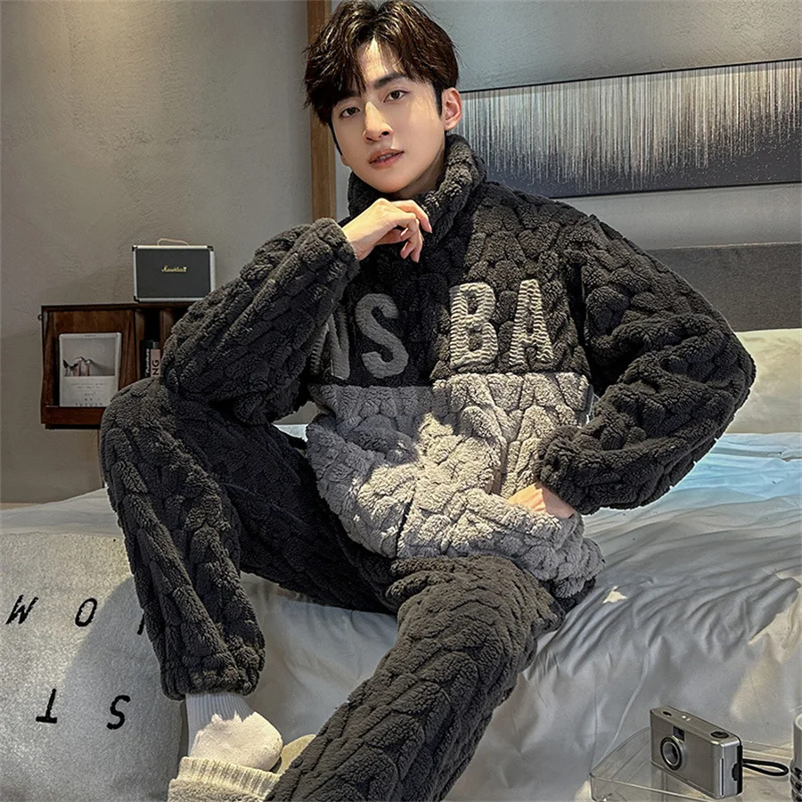 2024 New Winter Warm Pajama Sets Men Stand Collar Coral Fleece Coat + Long Pants Sleepwear for Sleeping Men\'s 2 Pieces Loungwear