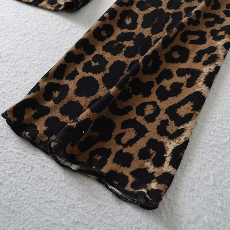 Retro Sle-riem met taille, uitlopende mouwen, V-hals, lange mouwen, gekruist strikontwerp, boting-top voor dames, luipaardprint