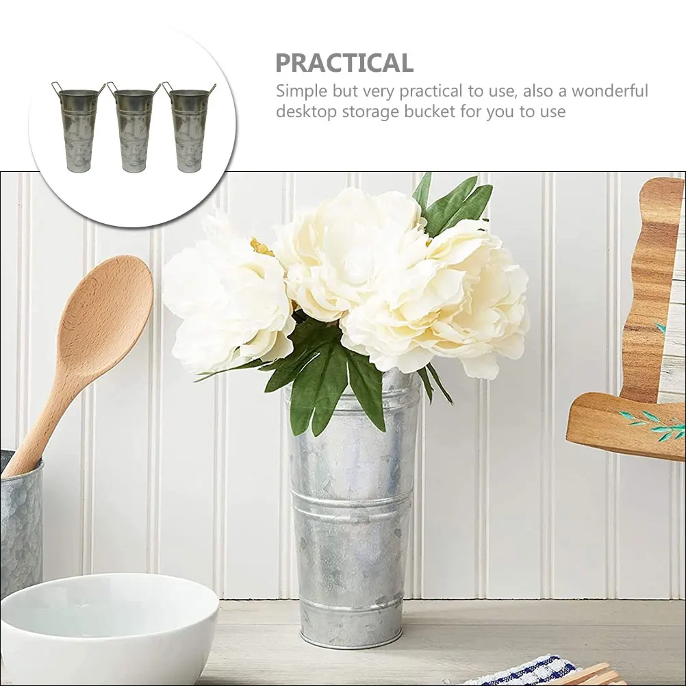 

3pcs Metal Flower Pot Iron Bucket Vase Retro Style For Home Decor Desktop Plant Arrangement Storage Organizer Multi-Function