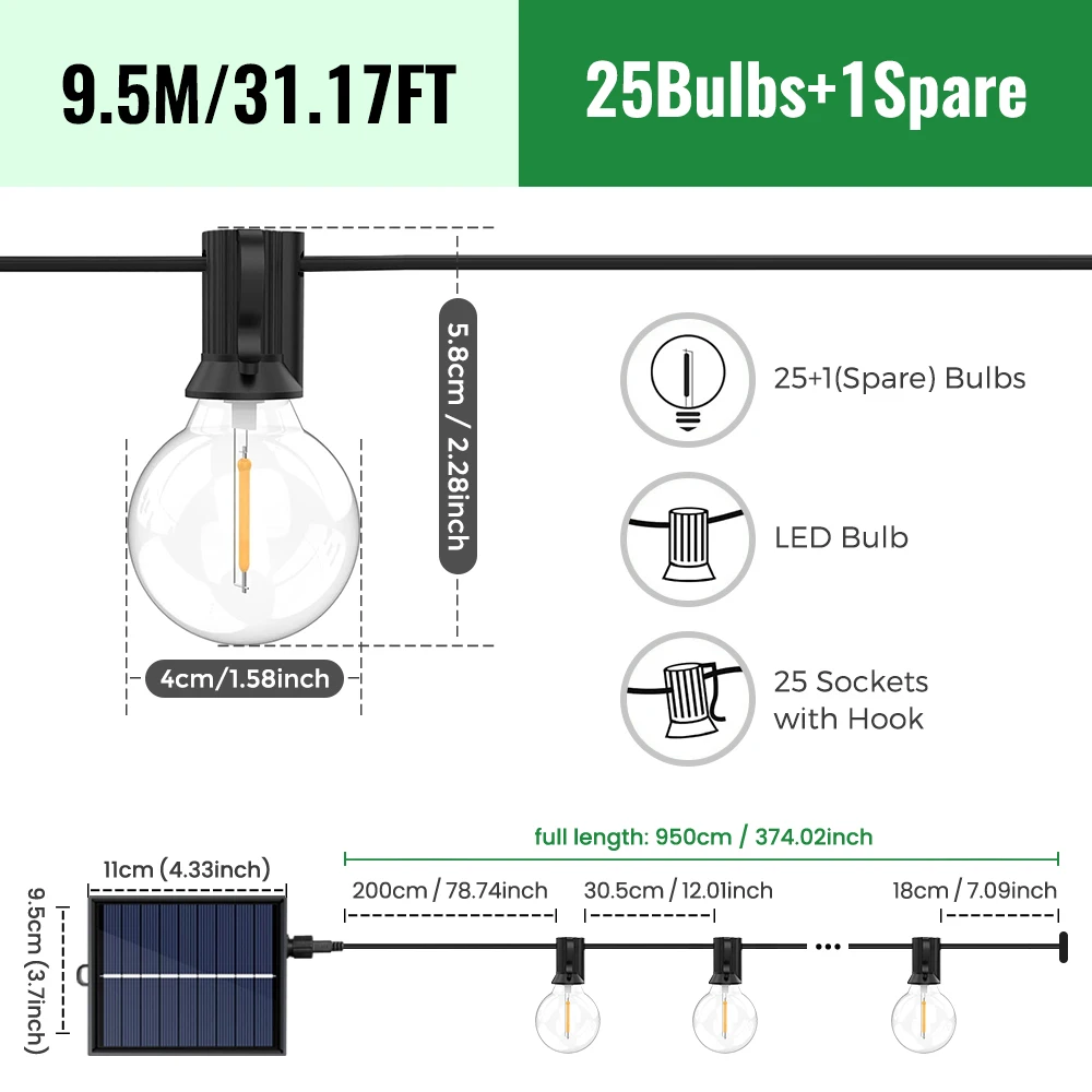 aiopp G40 LED-Solar-Lichterkette in Warmweiß mit Fernbedienung und 8 Blinkmodi – einstellbare Helligkeit, wetterbeständig für Ga 4
