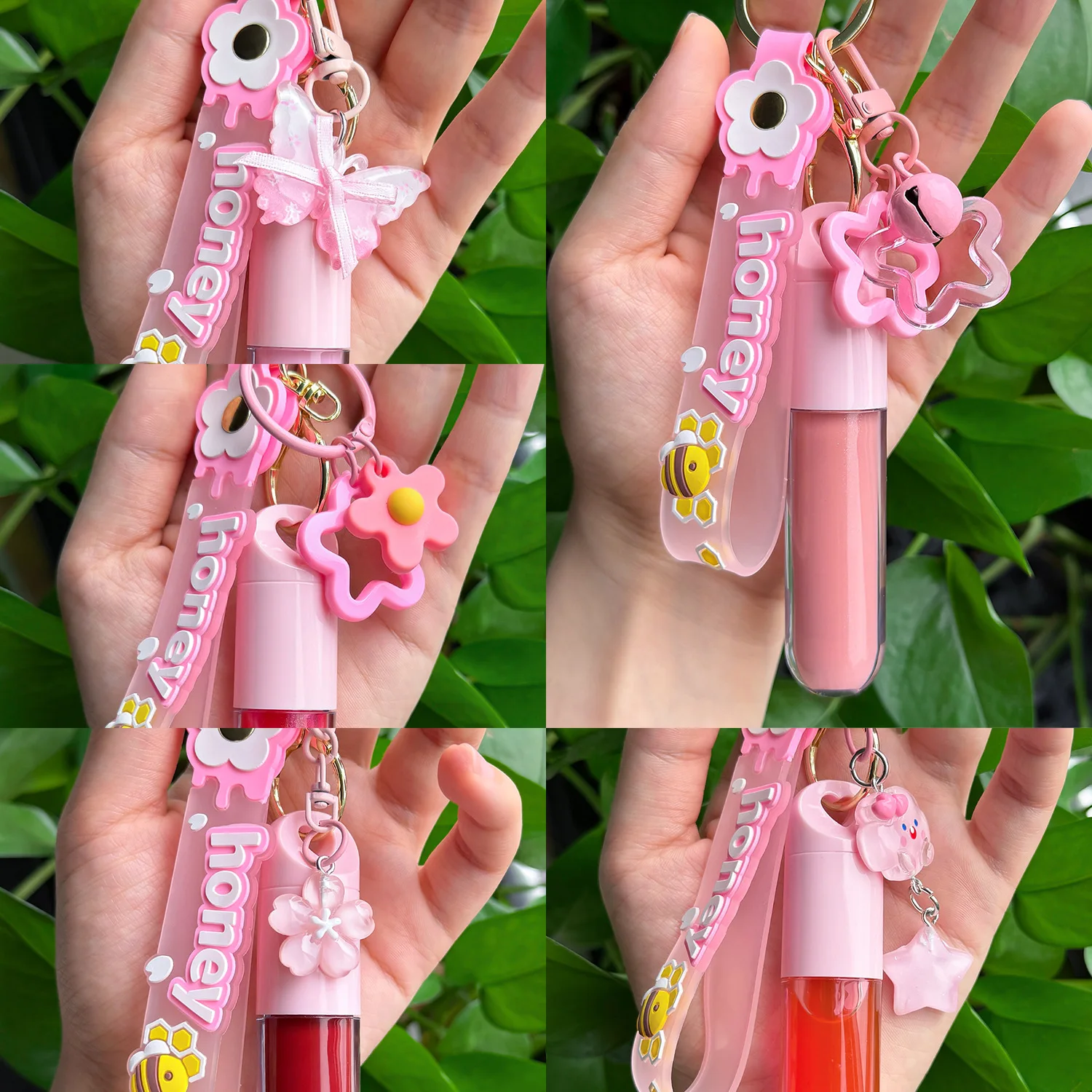 키체인 참이 있는 보습 립글로스 립스틱 광택 반짝임 마무리 립 메이크업 맞춤 로고 펜던트 립글로스