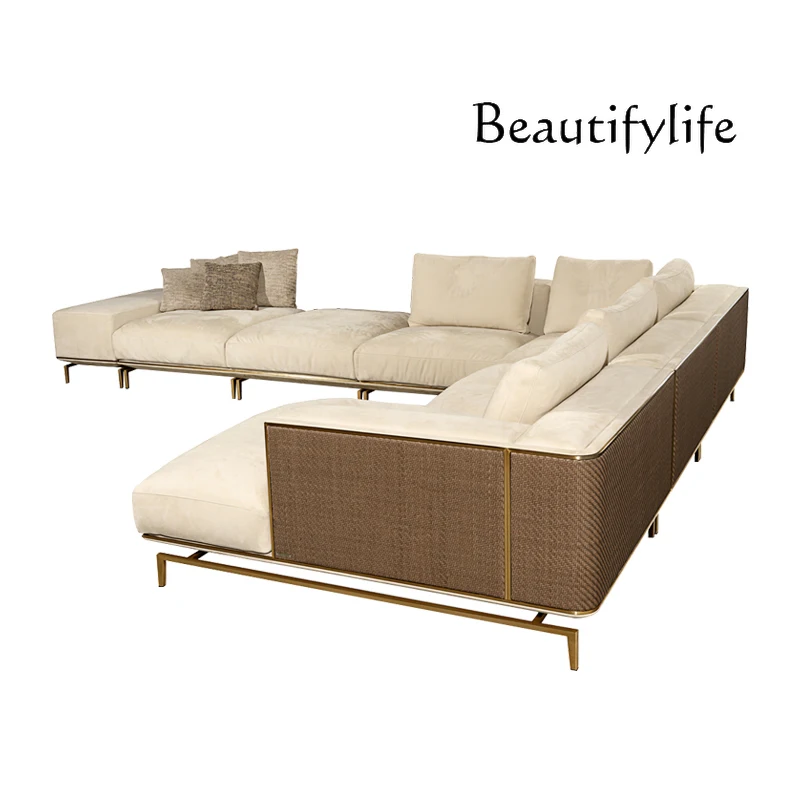 Italian-Style Light Luxury Fabric Sofa Combination Rattan Craft Corner Sofa Designer Model