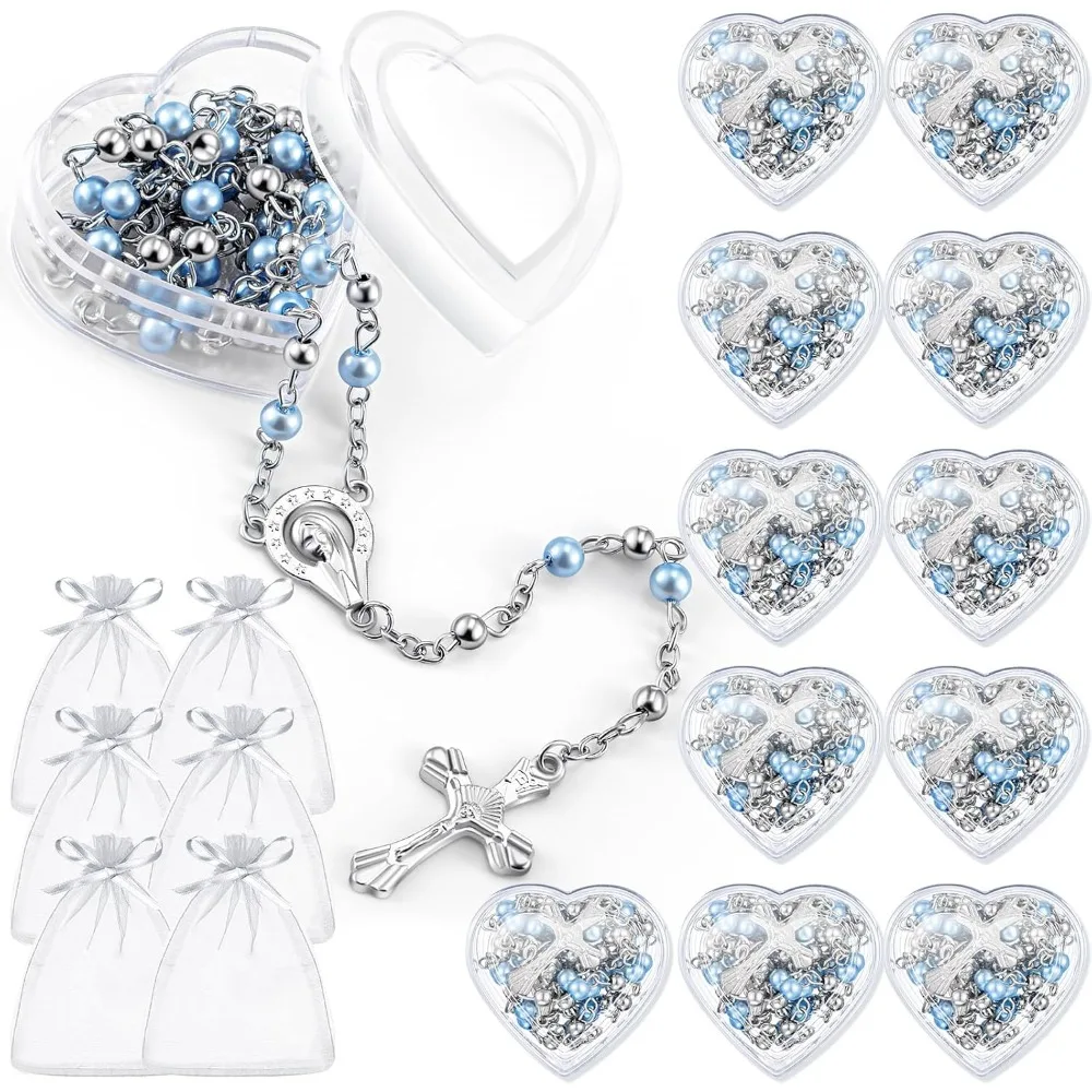 2/6/12/20/60 Conjuntos de Rosarios con Perlas de Imitación de 4mm, Crucifijo con Caja de Corazón y Bolsa de Organza para Bautizo, Regalo del Día de la Madre, Recuerdos de Boda para Invitados