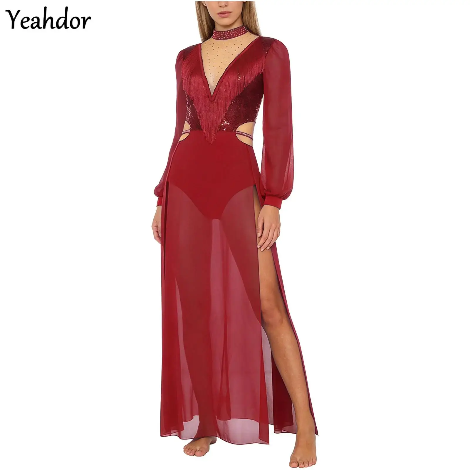 

Женское платье с бахромой для танца живота, блестящее боди с блестками и кисточками, боди с длинными рукавами и разрезом, шифоновое платье макси, одежда для бальных танцев, латинской румбы