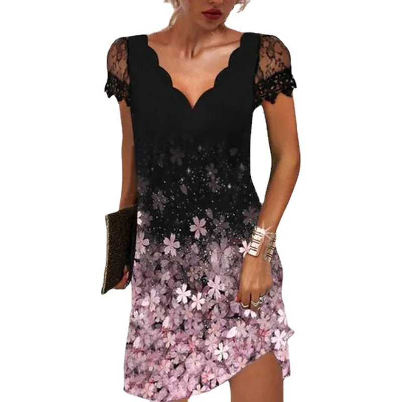 

2024 Summer Casual Printed Lace V-Neck Short Sleeve Knee-Length Mid-Length A-Line Dress Women's Fashion Business Wear