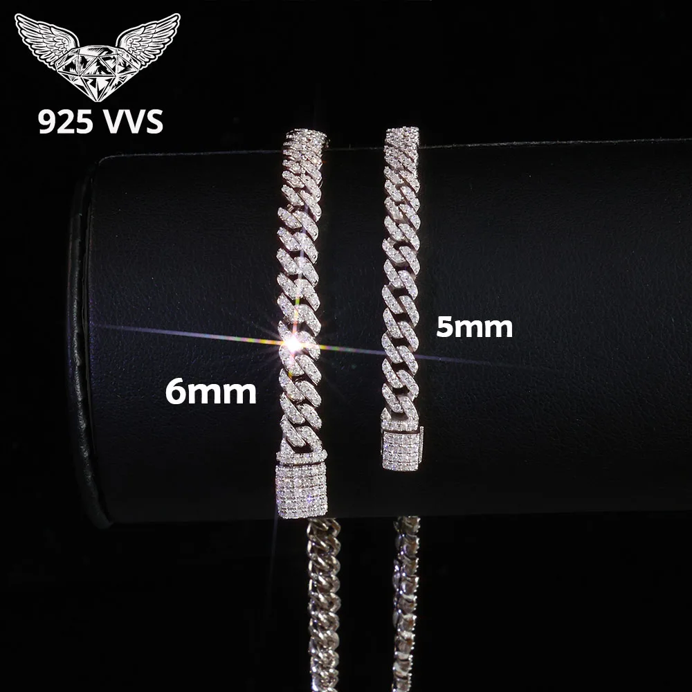 

6mm Single Row Moissanite Bracelet for Women 925 Sterling Silver VVS Cuban Link Bracelet Pass Diamond Tester with GRA