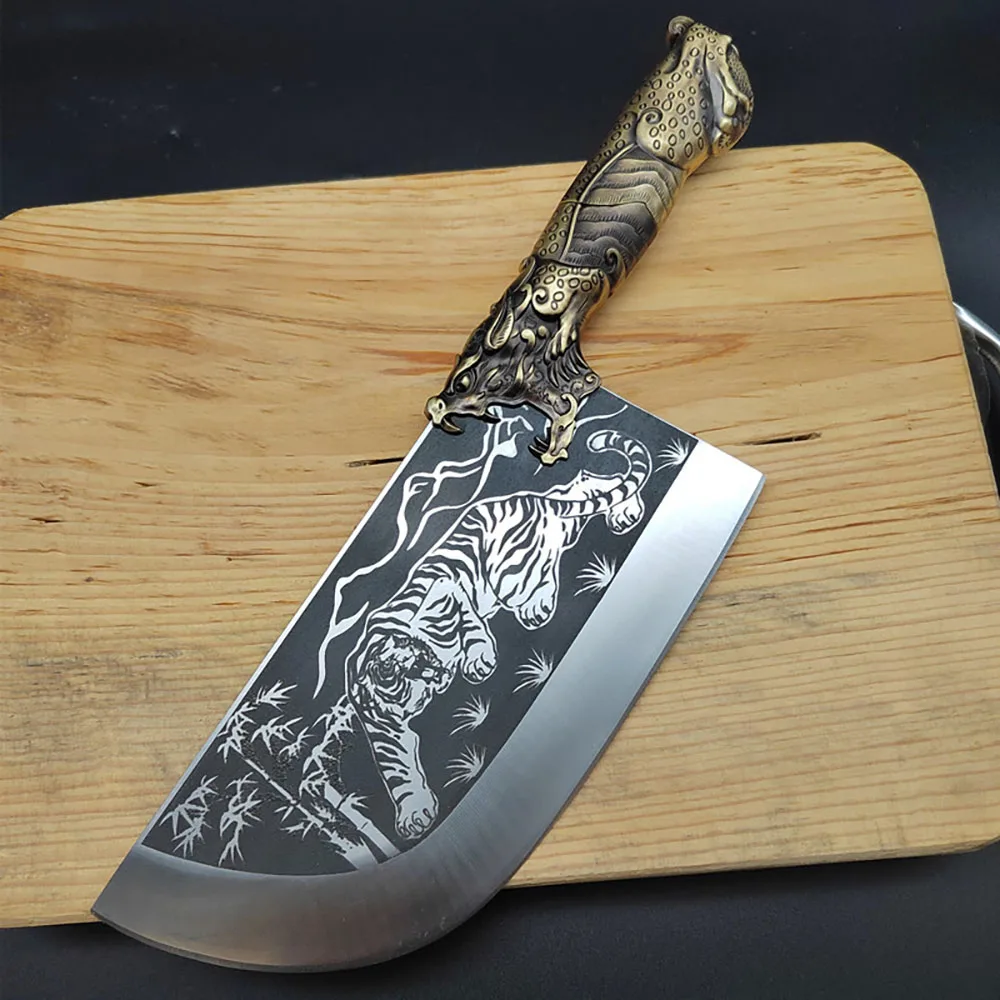 Chinese Chef's Knives Kitchen Chopper Knife Handmade Forged Tiger Cleaver Alloy Handle China Messer Round Head Viking Knife