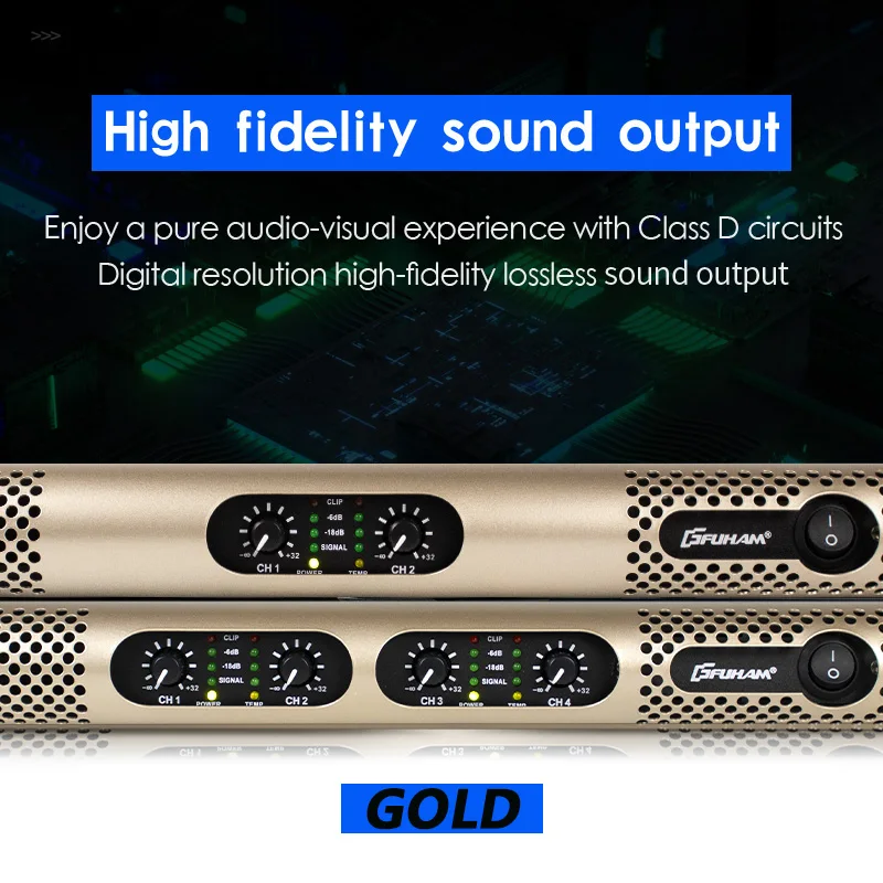 FUHAM KS2500 デジタルパワーアンプ ゴールドエディション 1200W 8Ω 2/4チャンネル DJサブウーファーアンプ ラインアレイスピーカーアンプ