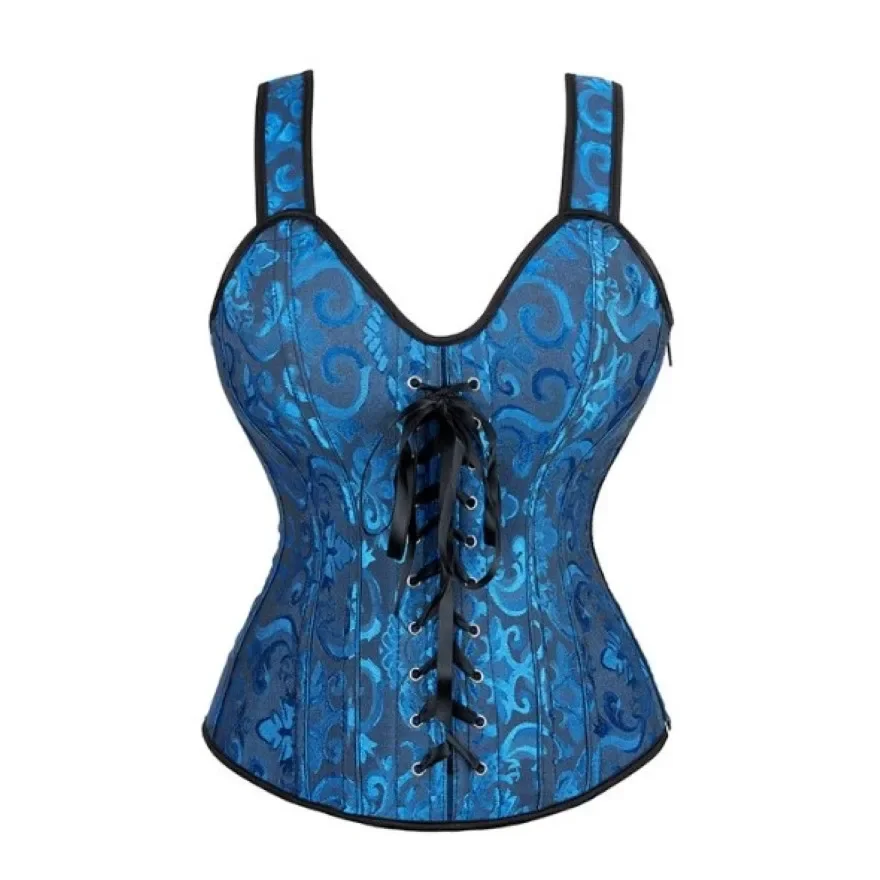 Women Vintage Jacquard Overbust Corset Tops Sexy Shoulder Straps Bustiers Vest Side Zipper Lingerie Body Shaper Corselet