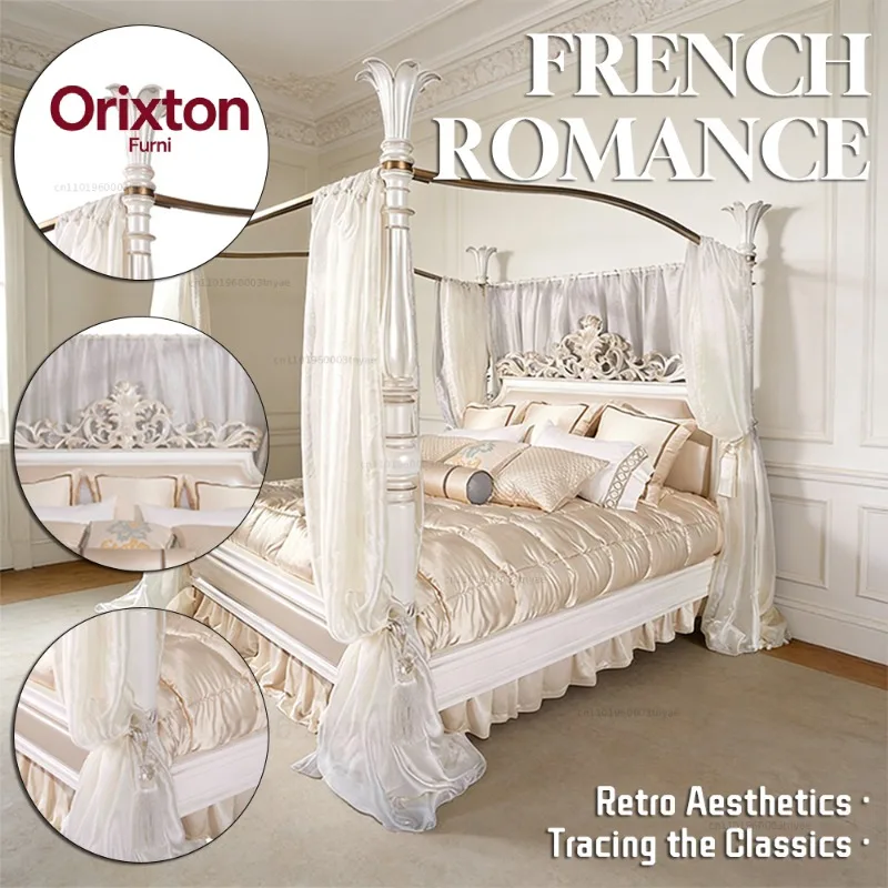 Luxury White Color Wooden Flower Design Silk Fabric Headboard Hand Carving King Queen Size Bed Italy Style Bedroom